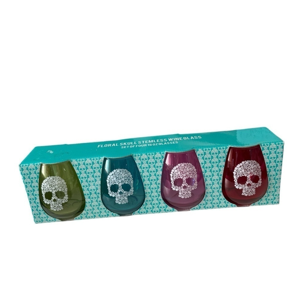 TMD Holdings 4 Floral Skull Stemless Wine Glasses 4 inches Tall New In Box